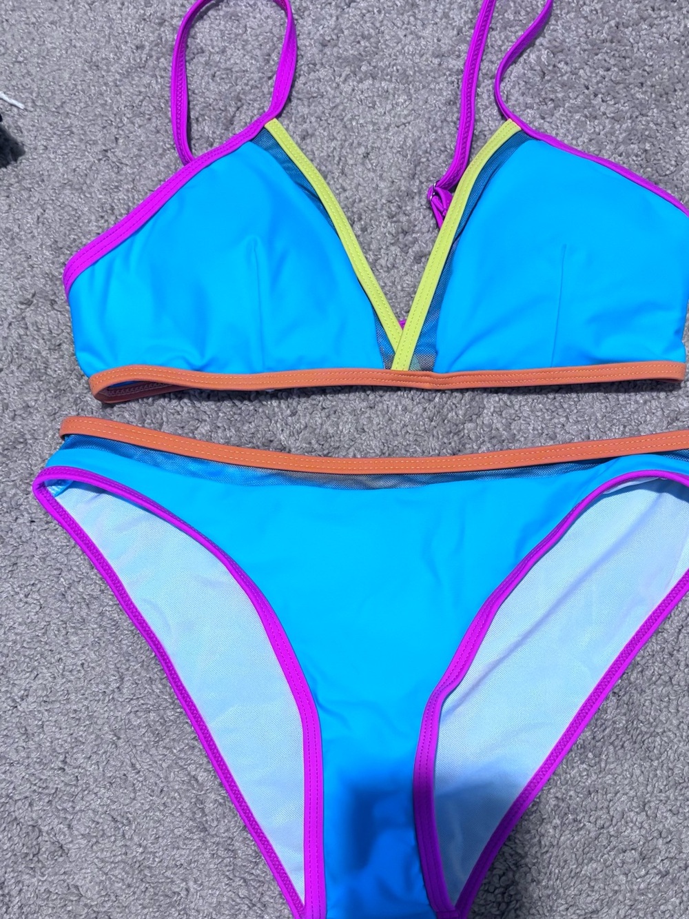 SHEIN Blue Bikini Set with Pink, Orange & Lime Trim